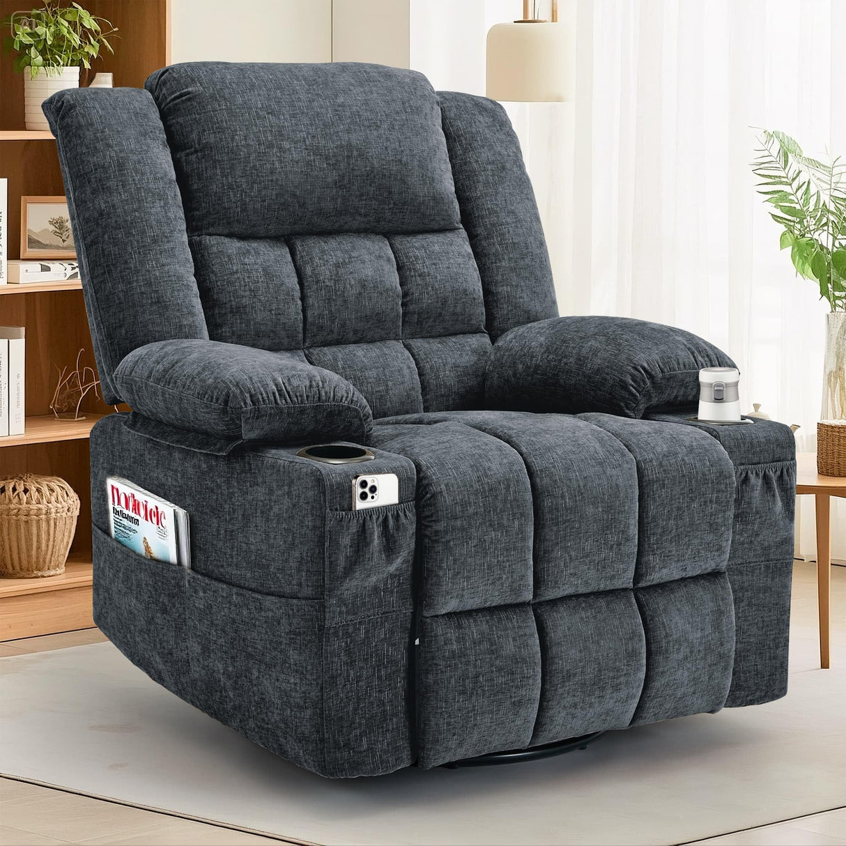 Korser 360° Swivel Rocker Recliner for Adults, Nursery Glider Recliner with Massage and Heating, Rocking Chair with Cup Holder, Manual Recliner Chair for Living Room, Bedroom (Fabric, Dark Gray) Korser