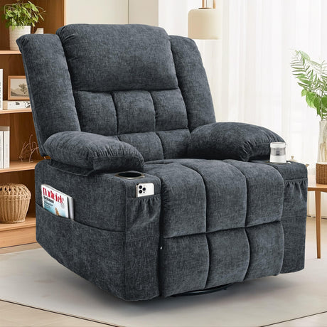 Korser 360° Swivel Rocker Recliner for Adults, Nursery Glider Recliner with Massage and Heating, Rocking Chair with Cup Holder, Manual Recliner Chair for Living Room, Bedroom (Fabric, Dark Gray) Korser