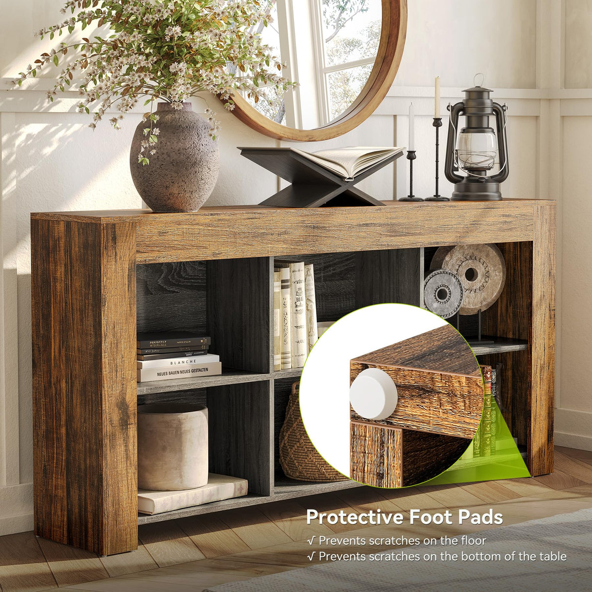 LITTLE TREE Console Table with Storage, 63-Inch Narrow Long Sofa Table, Entryway Table with 6 Cubes, Farmhouse Storage Shelves for Entryway, Living Room LITTLE TREE