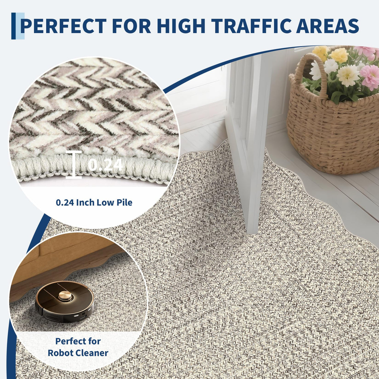 Garvee Printed Rug (Not Woven!) 8x10 Living Room Area Rug Non-Slip Washable Rugs, Farmhouse Scalloped Large Bedroom Rugs Stain Resistant Ultra-Thin Foldable Carpet for Nursery Dining Room Garvee