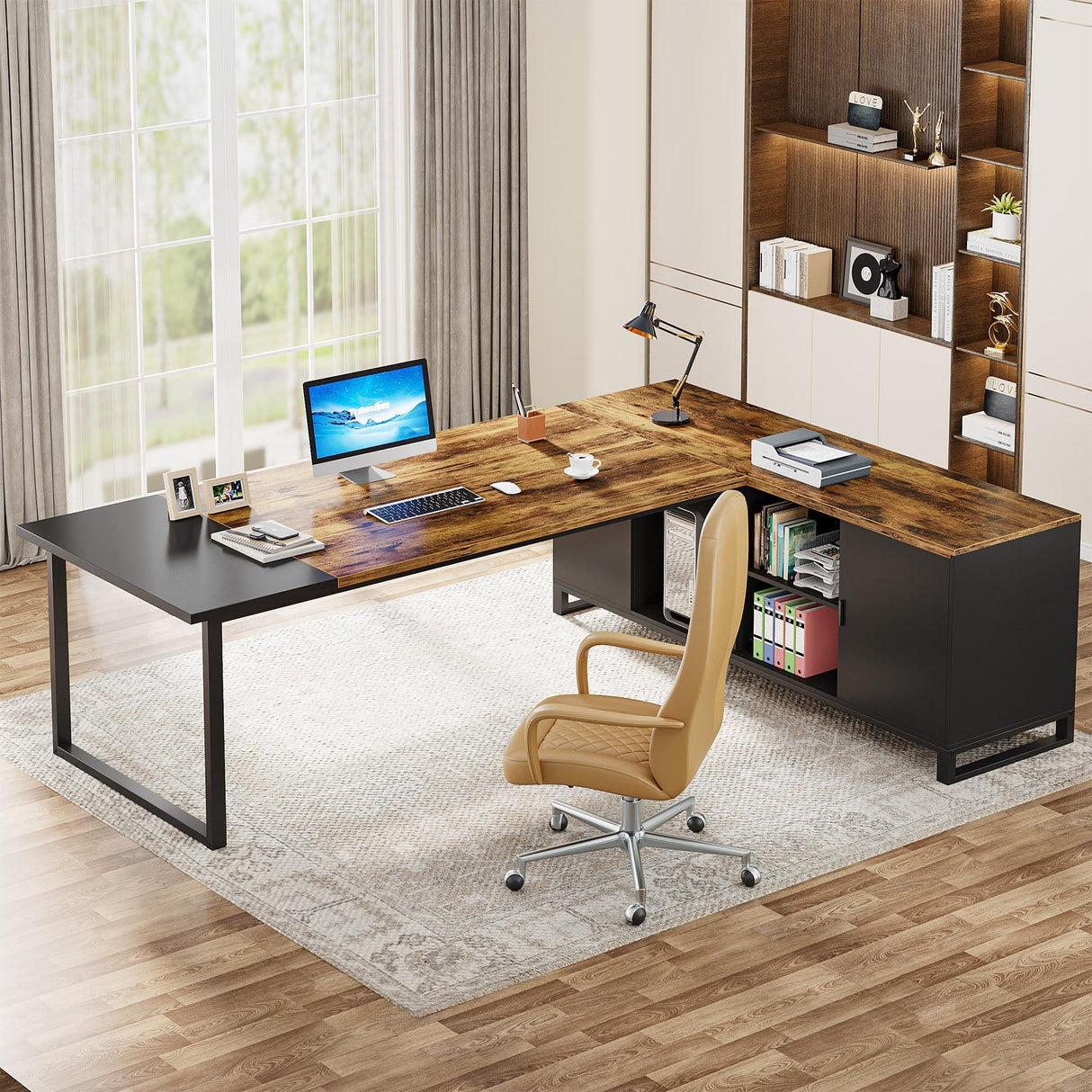 Tribesigns 70.8" Executive Desk with 55" File Cabinet, Industrial L Shaped Computer Desk with Storage Shelves and Cabinet, Large L Shaped Executive Desk for Home Office, Rustic Brown & Black Tribesigns
