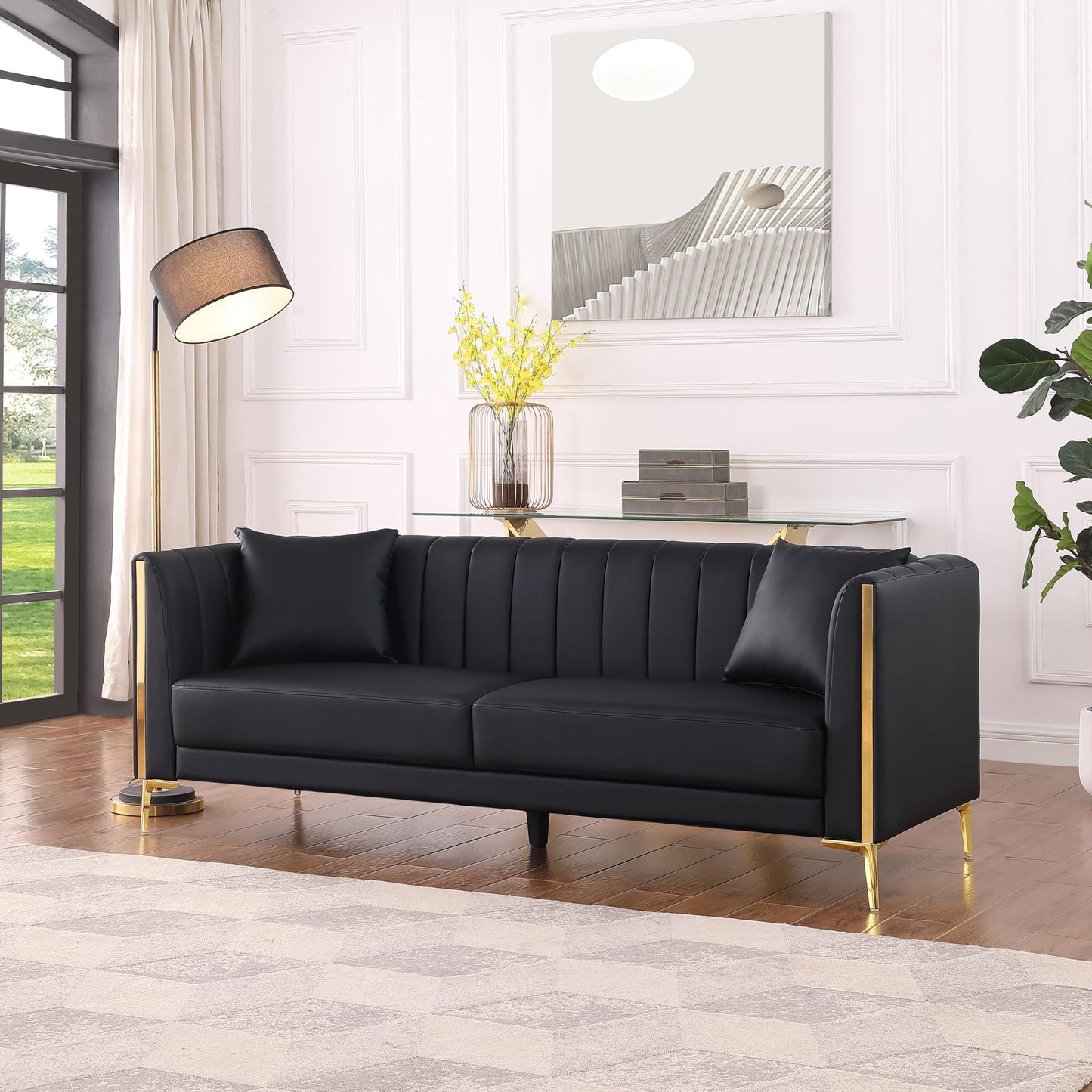 FOTOSOK 78'' Sofa, Black Sofas Couches for Living Room, Comfy Sofa Faux Leather Sofa 3 Seater Sofa with 2 Throw Pillows and Gold Metal Legs, Deep Seat Sofas for Living Room (Black)