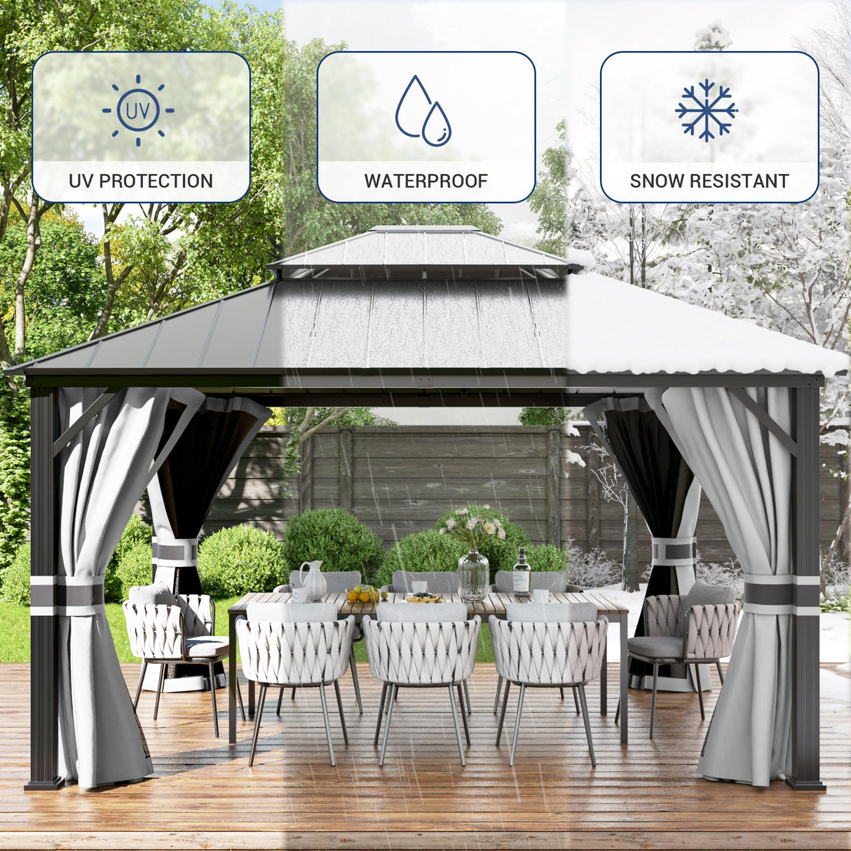 Amopatio 12' X 14' Hardtop Gazebo Permanent Aluminum Gazebos with Galvanized Steel Double Roof for Patio Lawn and Garden,Included Curtains & Mosquito Netting,Grey Amopatio