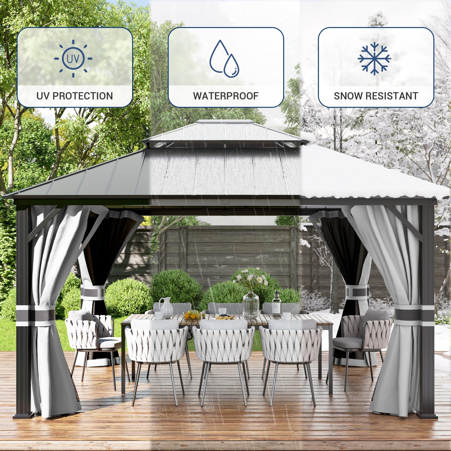 Amopatio 12' X 14' Hardtop Gazebo Permanent Aluminum Gazebos with Galvanized Steel Double Roof for Patio Lawn and Garden,Included Curtains & Mosquito Netting,Grey