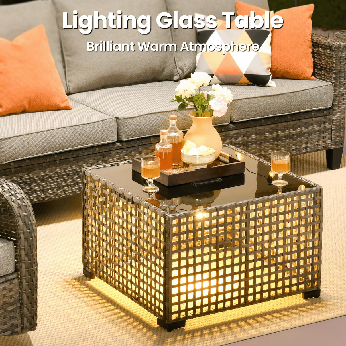 ovios 9 Pieces Patio Furniture Set, Outdoor Wicker Sofa Couch with Rocking Swivel Chairs Fire Pit Table, Modern Deep Seat Rattan Conversation Sets for Porch Deck, Dark Grey ovios