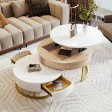 Modern Round Lift-top Nesting Coffee Tables with 2 Drawers for Living Room White & Natural Flieks