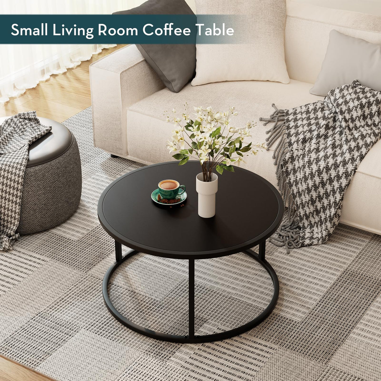 SAYGOER Small Round Coffee Table, Black Coffee Tables for Living Room, Modern Center Table for Small Space Home Office Gardern, 27.6 × 27.6 × 17.7inch, Black SAYGOER