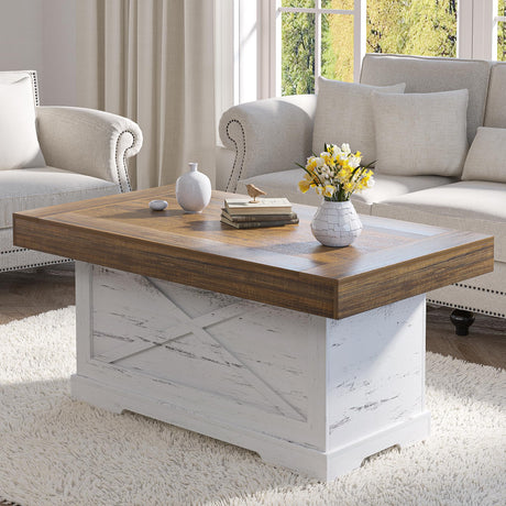 Lareth Coffee Table 39 in Farmhouse Center Table with X-Design Wooden Pedestal for Living Room, Space Saving, Easy Assembly Rectangle Home Office Tea Accent Table for Apartment, Antique White Walnut Lareth