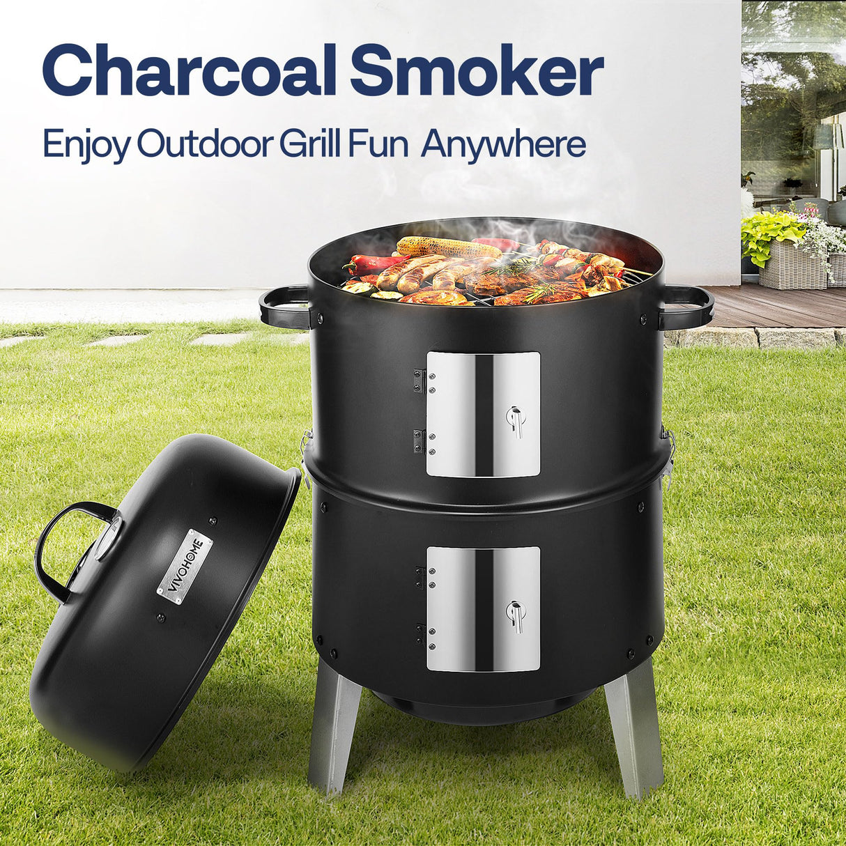 VIVOHOME 3-in-1 Vertical Charcoal Smoker, BBQ Smoker Grill with Built-in Thermometer, Air Vent, and 2 Access Doors, Idea for Parties, Backyard, Barbecues VIVOHOME