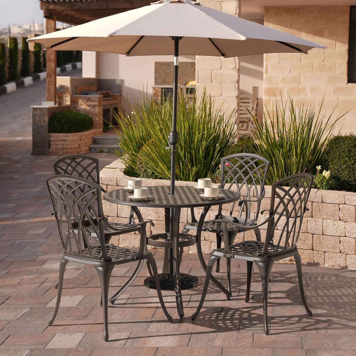 NUU GARDEN 5 Piece Outdoor Patio Dining Set, All-Weather Round Cast Aluminum Dining Table with 1.97" Umbrella Hole and Outdoor Patio Dining Chairs for Patio, Garden, Backyard, Balcony, Bronze NUU GARDEN