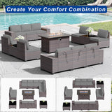 ASJMR Outdoor Patio Furniture Set with Fire Pit Table, 13 Pieces Outdoor Furniture Set Patio Sectional Sofa w/43in Propane Fire Pit, PE Wicker Rattan Patio Conversation Sets - Grey ASJMR