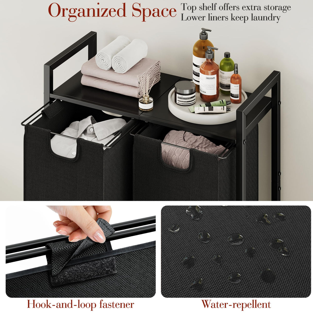 Kitstorack Laundry Basket Organizer, Laundry Hamper with Shelf & 2 Pull-Out Removable Bags, Dirty Clothes Hamper Organizer for Laundry Room Bathroom and Dorm, 2 x 11.8 gallons (44.5L) Kitstorack