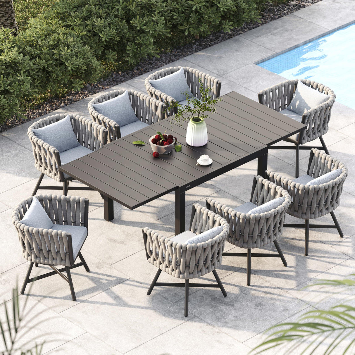 Grand patio 9-Piece Outdoor Dining Set for 8, Patio Dining Furniture Set for 8 Swivel Rope Wicker Chairs & 1 Expandable Rectangular Dining Table, Grey Grand patio