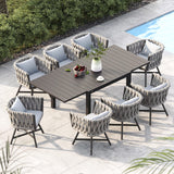Grand patio 9-Piece Outdoor Dining Set for 8, Patio Dining Furniture Set for 8 Swivel Rope Wicker Chairs & 1 Expandable Rectangular Dining Table, Grey Grand patio