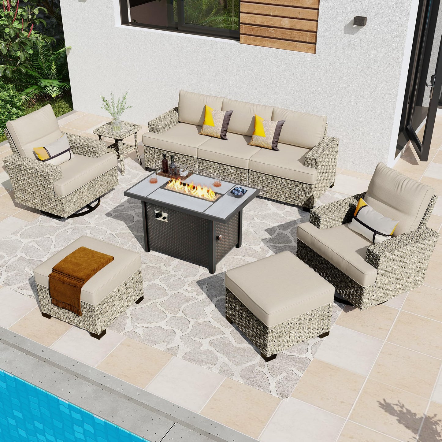 ovios 9 Piece Patio Sectional Furniture with 42" Fire Pit Table, Rattan Wicker Coversation Set with Swivel Chairs, Outdoor Sofa Set for Outside Porch Balcony Backyard Pool,Beige - WoodArtSupply