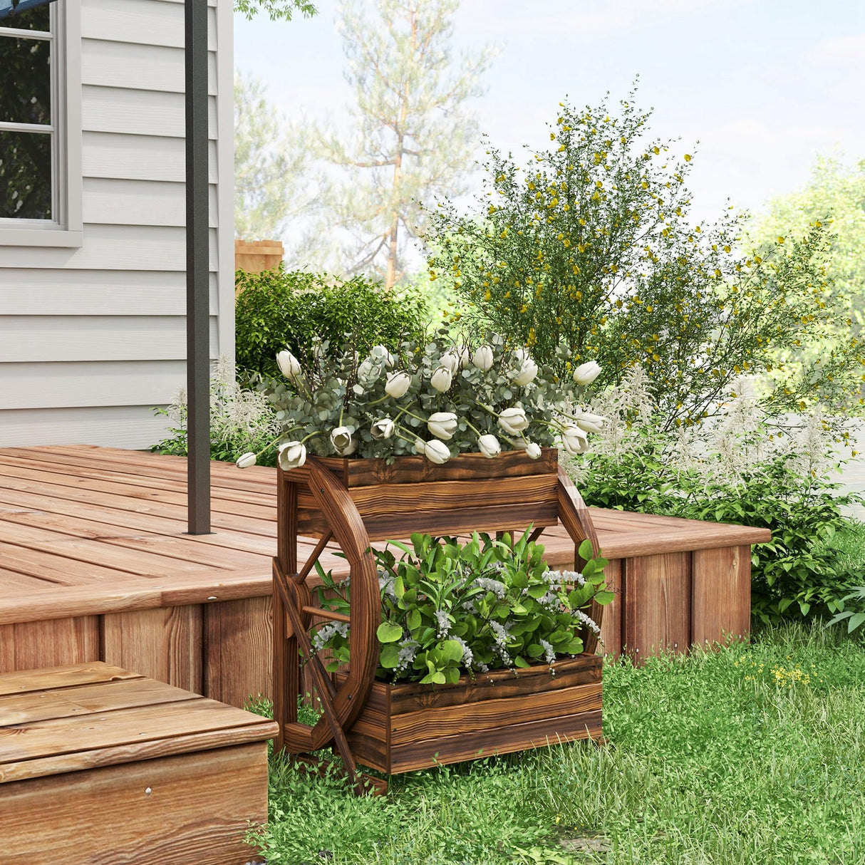 Outsunny 2-Tier Raised Garden Bed, Wooden Wagon Planter Boxes with Drainage Holes, for Vegetables Flowers Herbs, 22" x 13" x 22" Outsunny