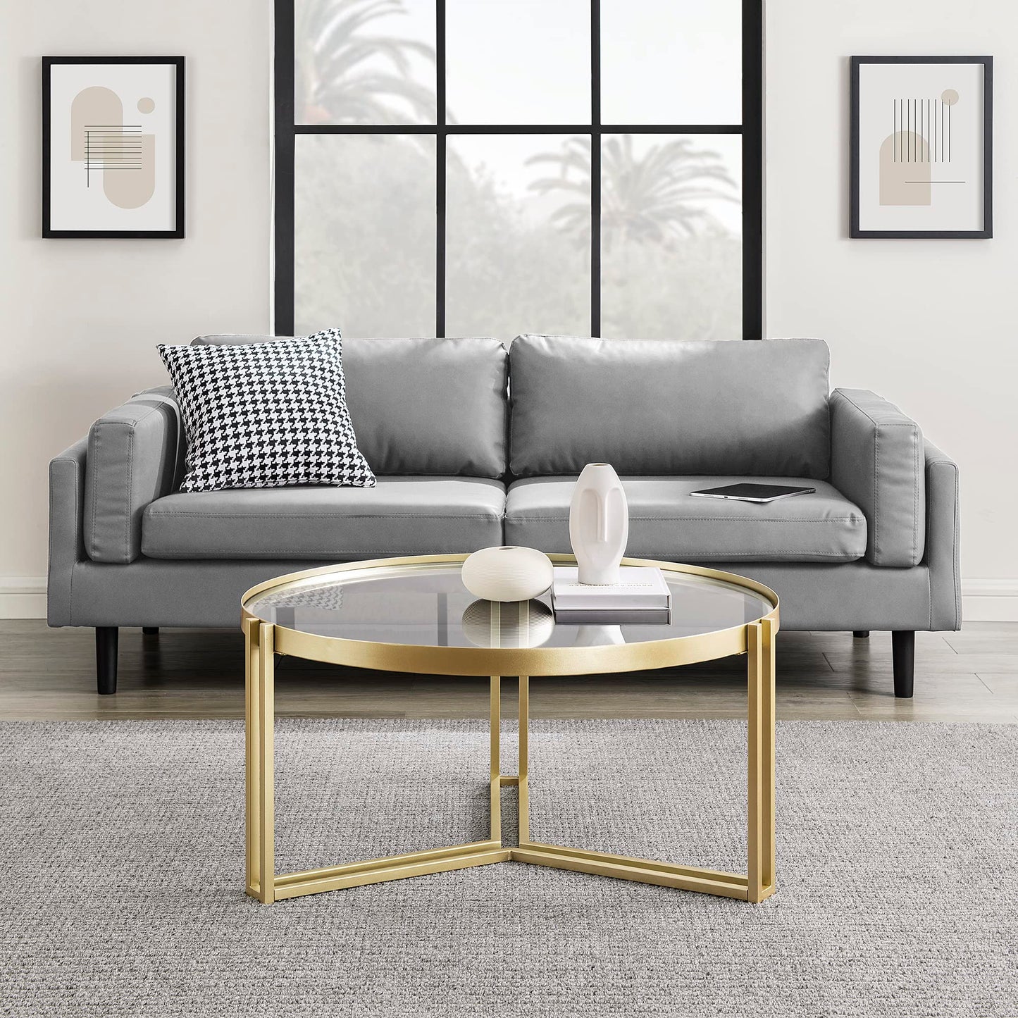 Walker Edison Taylee Contemporary Metal and Glass Coffee Table, 33 Inch, Gold - WoodArtSupply