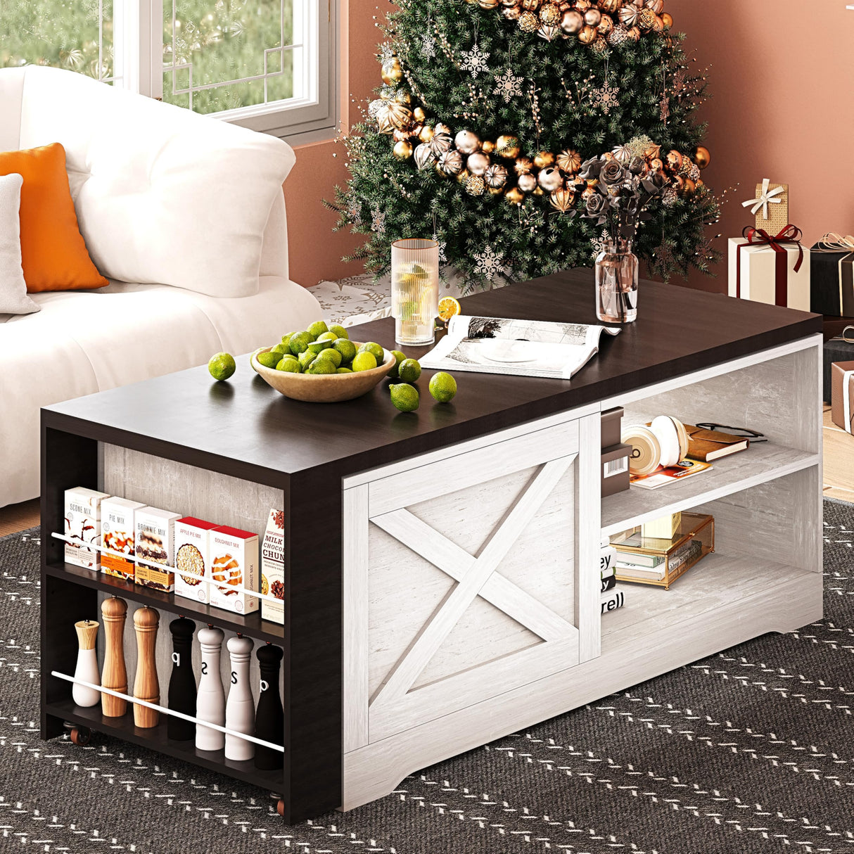 Wildhome 48" Farmhouse Lift Top Coffee Table with Charging Station,Foldable L-Shaped Cocktail Table with Hidden Storage Compartment,Lifting Tabletop and Storage Rack for Living Room,Office,White Wildhome