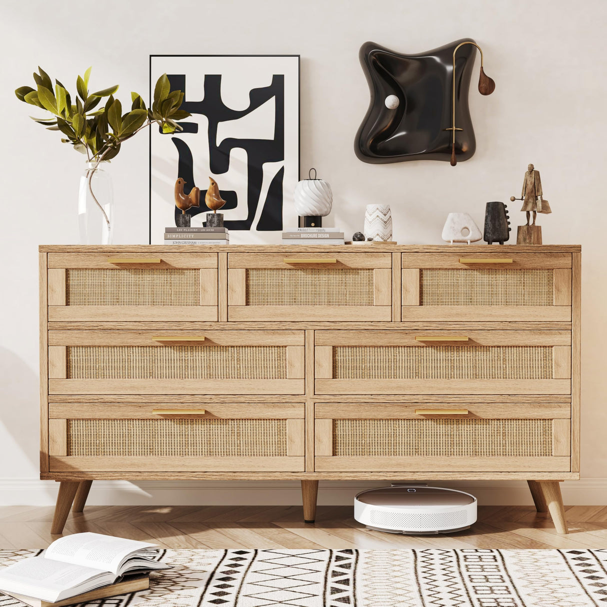 Rovaurx 7 Drawer Double Dresser for Bedroom, Rattan Chest of Dressers, Modern Wooden Dresser Chest with Golden Handles, Beside Table for Closet, Living Room and Entryway, Natural RDG004M Rovaurx