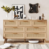 Rovaurx 7 Drawer Double Dresser for Bedroom, Rattan Chest of Dressers, Modern Wooden Dresser Chest with Golden Handles, Beside Table for Closet, Living Room and Entryway, Natural RDG004M Rovaurx