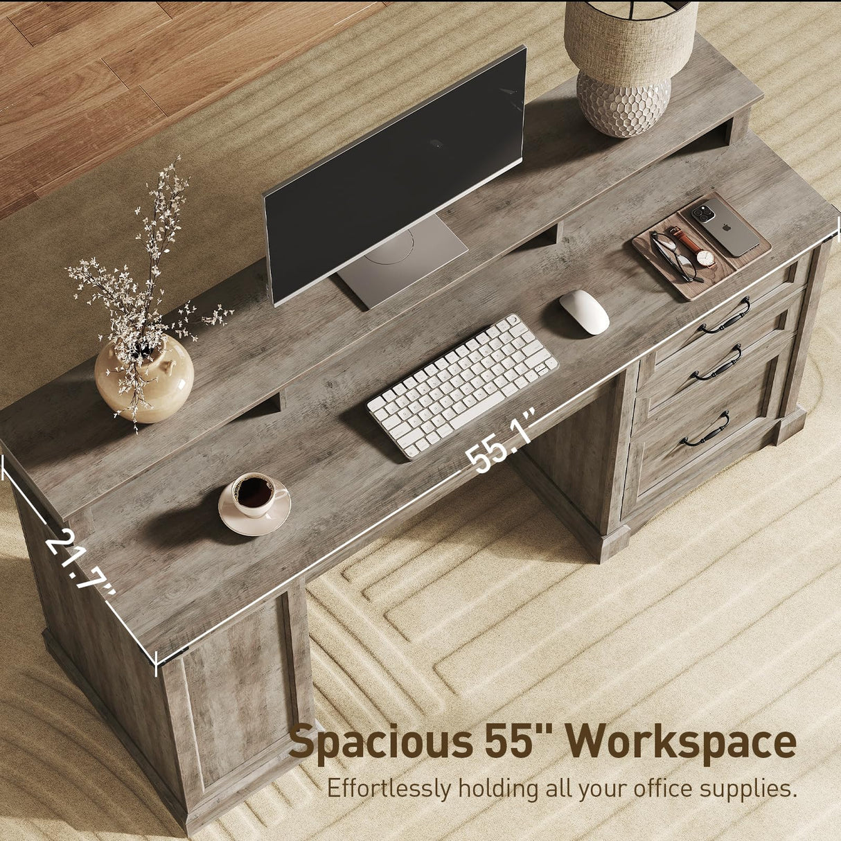 RALGEND 55'' Farmhouse Executive Desk with Drawers, Home Office Desk with File Cabinet and Storage Shelf, Charging Station, Computer Desk with Monitor Stand, Writing Gaming Desk, Greige RALGEND