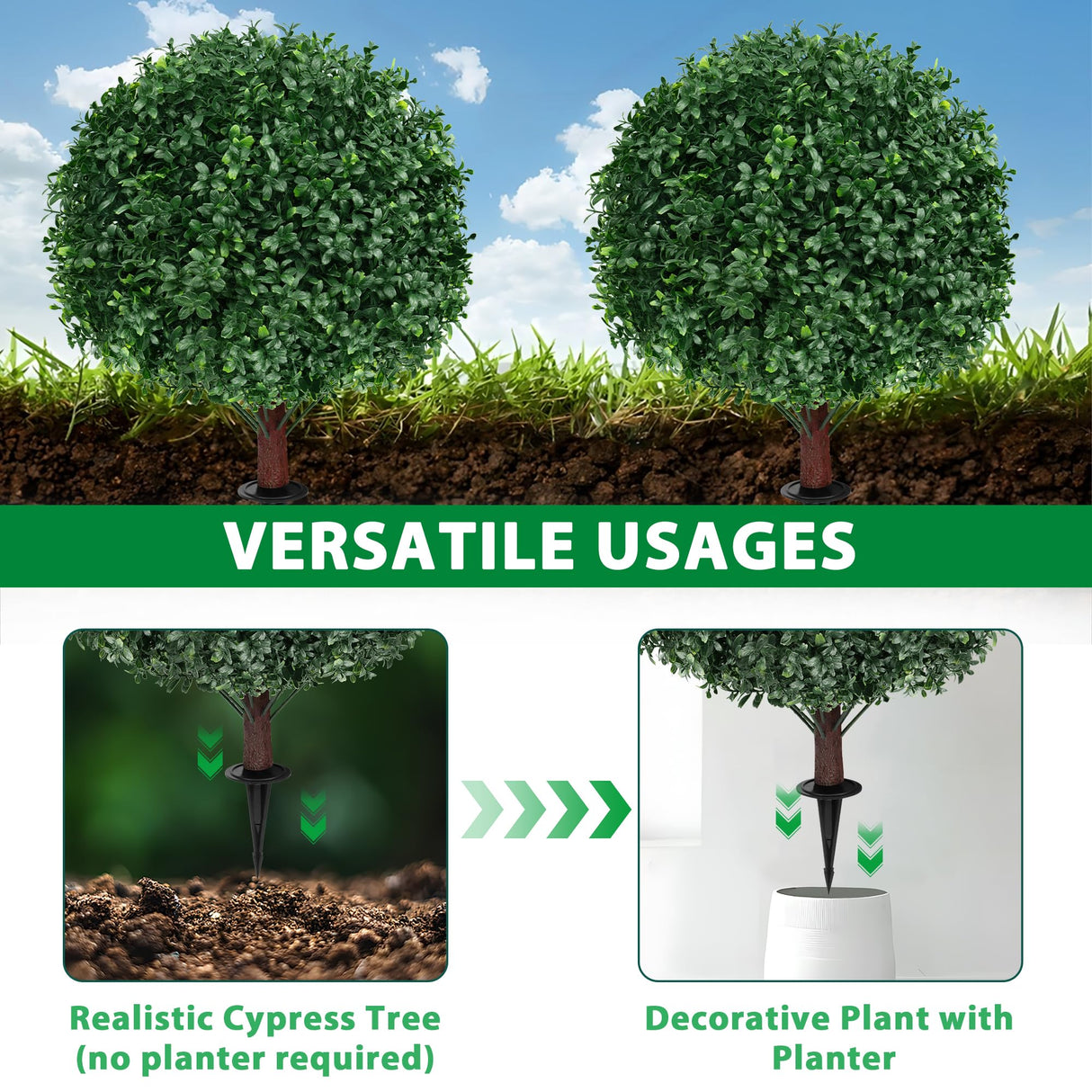 Grooy Artificial Boxwood Topiary Ball Tree with Ground Spike, Set of 2 Artificial Shrub Bushes, Fake Evergreen Tree for Porch, Artificial Plants for Outdoor Planters Indoor UV Resistant Grooy
