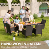 Devoko Dining 7 PCS Furniture, Patio Conversation Set with Acacia Wood Table Top, Rattan Outdoor, Black Devoko