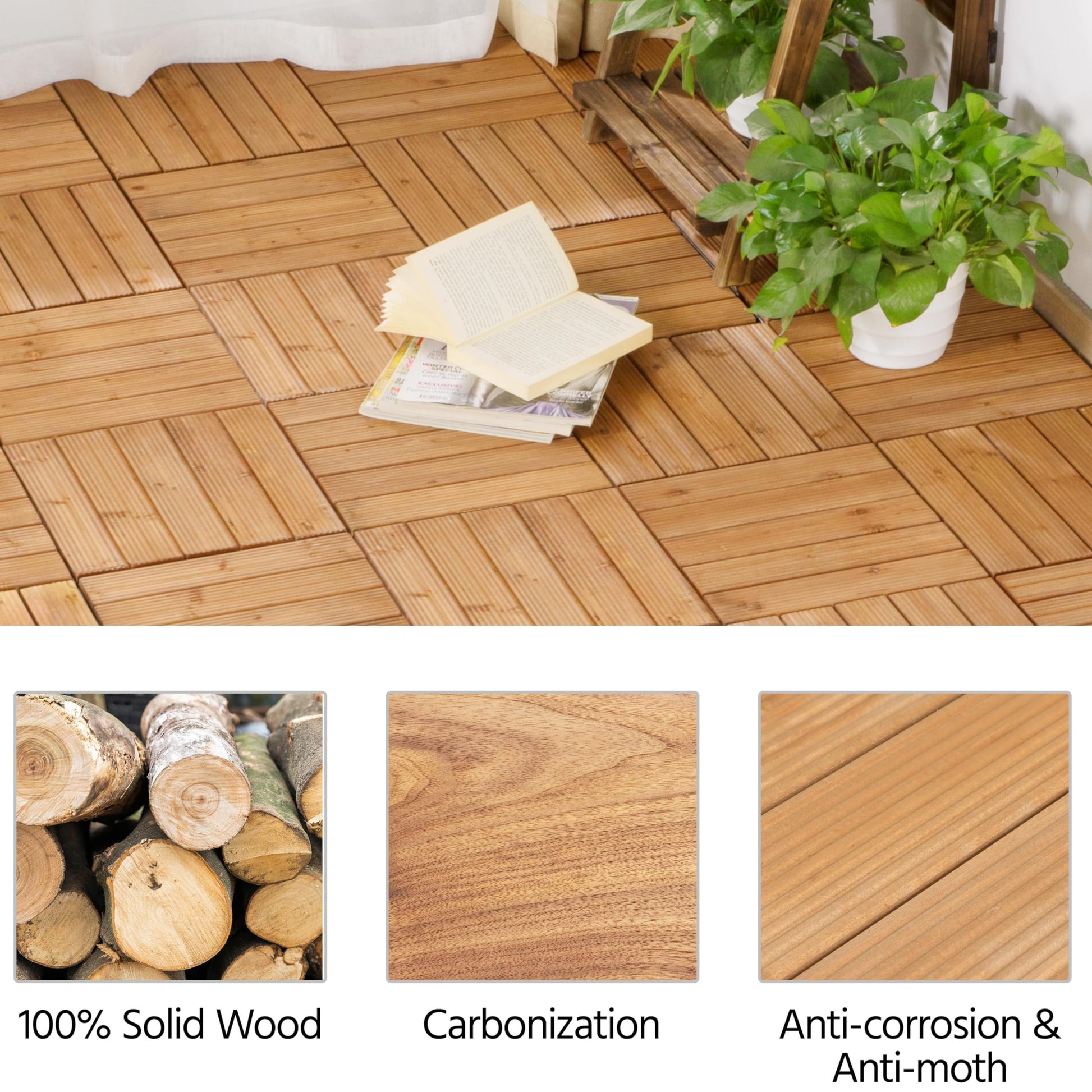 Yaheetech 110pcs Patio Deck Tiles 12 x 12in Interlocking Wood Composite Decking Floor Tiles Fir Wood Indoor Outdoor Patio Garden Deck, Natural Wood - WoodArtSupply