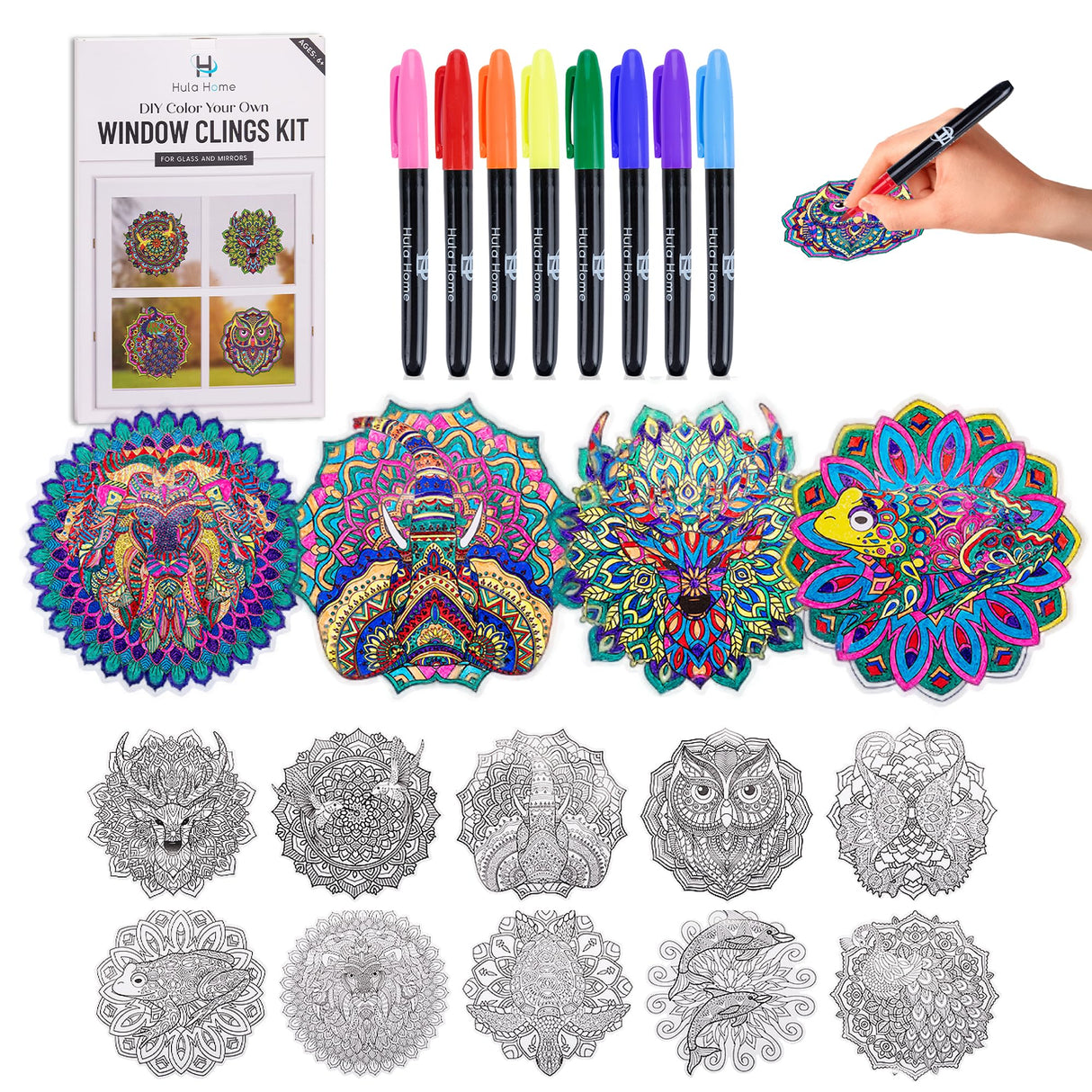 Hula Home Stained Glass Mandala Art Kit - Animal DIY Window Clings with Markers, 10 Suncatchers - Perfect Hobby for Adults, Kids, Teens & Seniors - Ideal Gift for Beginners, Women & Elderly - New Hula Home