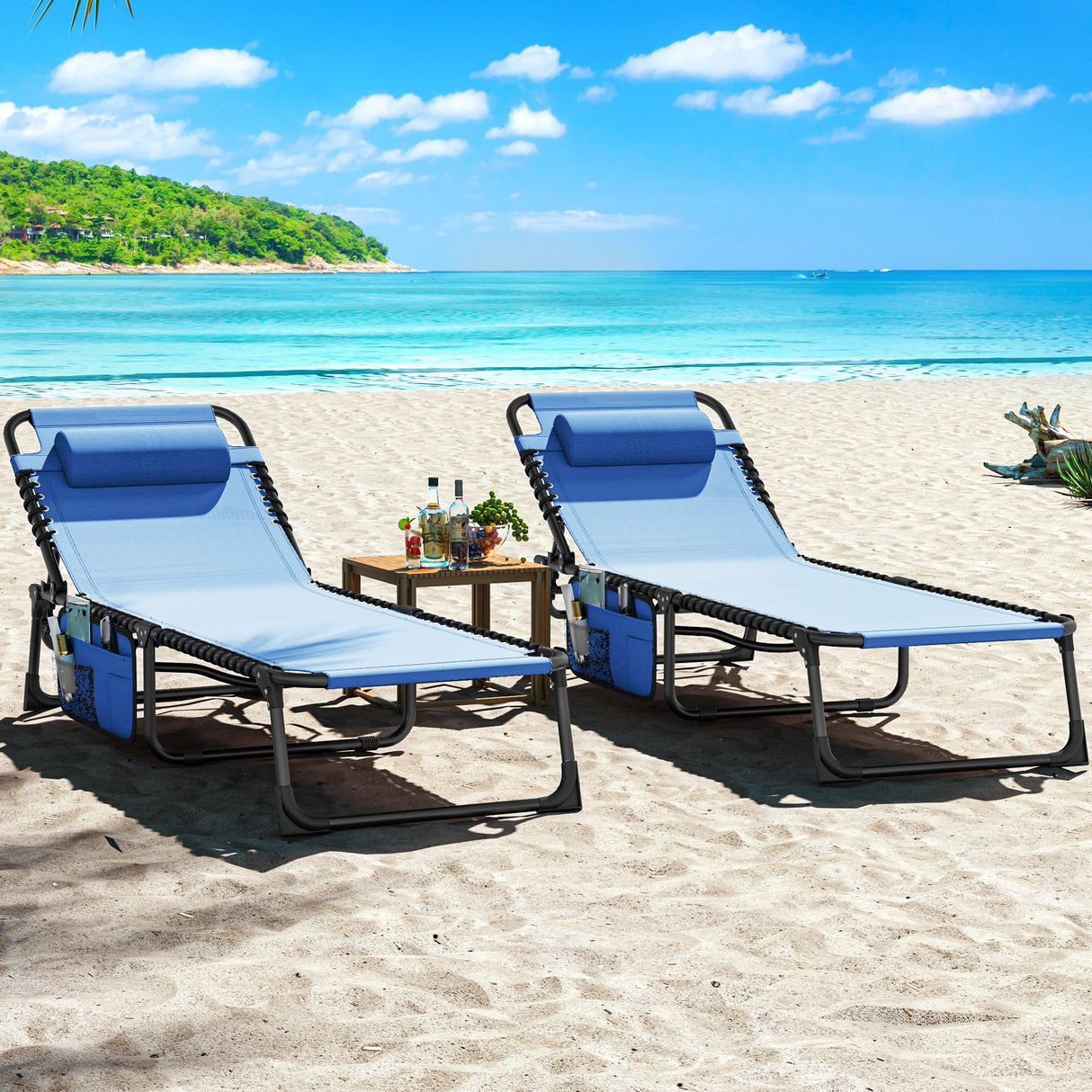 DWVO Patio Lounge Chair, Portable Recliner Lounge Chair Folding Camping Cot, Reclining Chairse Lounge 5 Posistion Adjustable w/Head Pillow & Portable Handbag for Camping, Pool, Beach and Patio, Blue DWVO