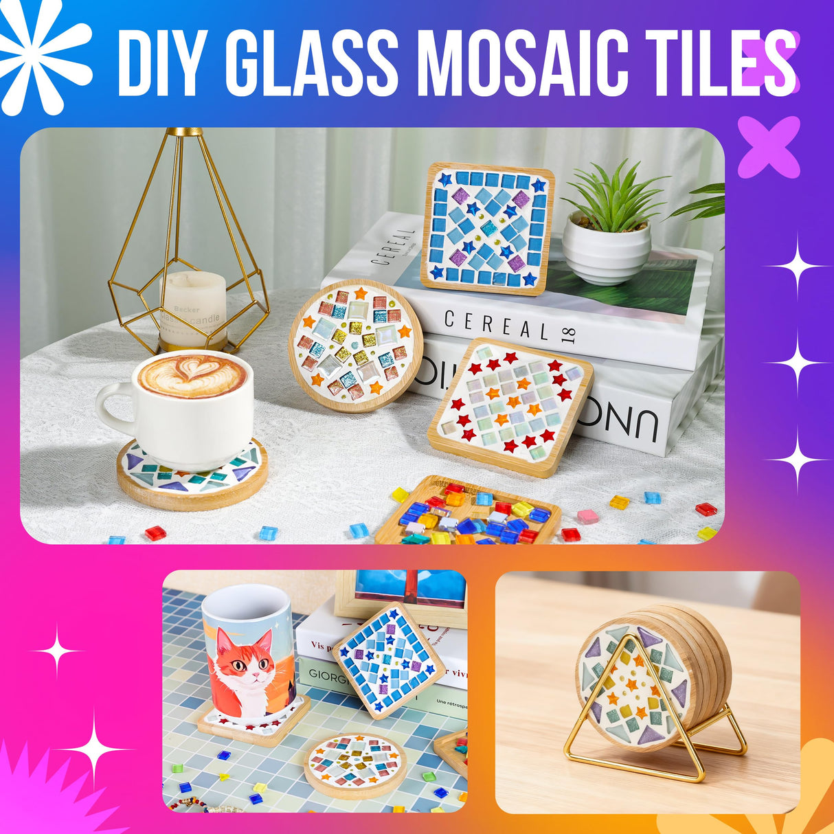 Joyclub 4 Sets DIY Glass Mosaic Tiles for Crafts Mosaic Kits for Adults and Kids with Wooden Coasters for Drinks Tray Creative Handmade Making Supplies Home Decor Art Christmas Gifts Joyclub