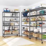 Romorgniz 82" H X45 W X18 D Storage Shelves with Wheels, 6 Tier Wire Shelving Adjustable Metal Shelving Pantry Shelves Capacity 1200LBS for Garage Shelving, Pantry, Kitchen, Closet, Commercial, Black Romorgniz