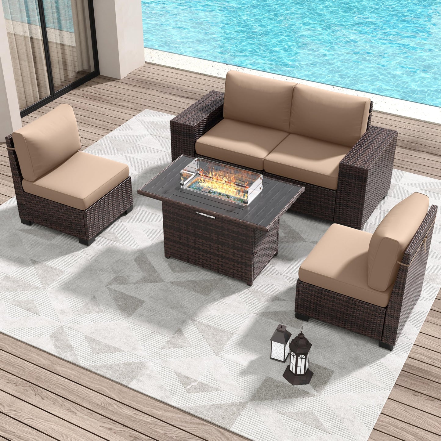 Amopatio Outdoor Patio Furniture Sets, 5 Pieces Brown Wicker Patio Sectional Couch with Glass Top Table and Waterproof Covers, Outdoor Sofa Fit Backyard Poolside, Beige Cushion - WoodArtSupply