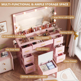 METOTI Vanity Desk with 38" Large Mirror and 9 LED Lights & Glass Top and Power Outlet, Adults Makeup Vanity with Chair and 7 Storage Drawers, Dressing Table Set for Bedroom, Modern Pink METOTI