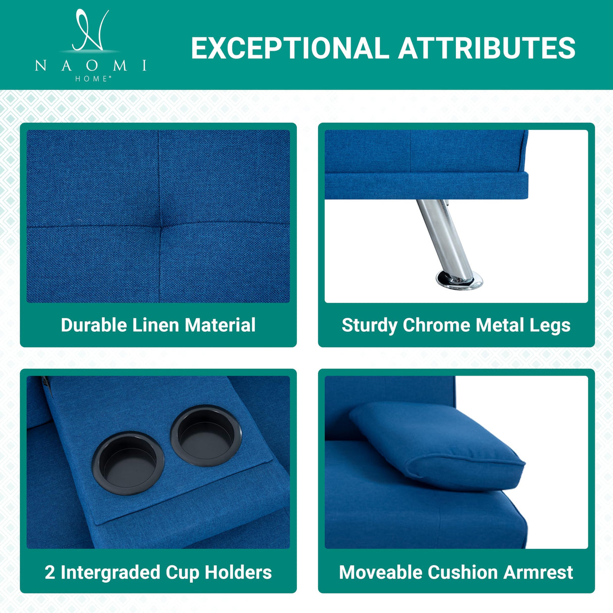 Naomi Home Blue Futon Sofa Bed, Linen Futon Couch with Armrest and 2 Cupholders, Pull Out Sofa Bed Couch with Metal Legs, Reclining Small Couch Bed, Blue Couches for Living Room Naomi Home