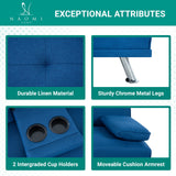 Naomi Home Blue Futon Sofa Bed, Linen Futon Couch with Armrest and 2 Cupholders, Pull Out Sofa Bed Couch with Metal Legs, Reclining Small Couch Bed, Blue Couches for Living Room Naomi Home