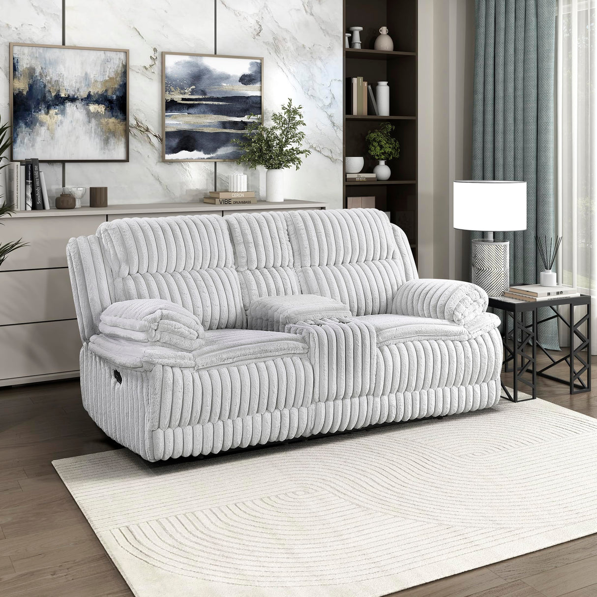 Lexicon Manual Double Reclining Loveseat with Center Console, Corduroy Manual Wall Hugger Recliner Couch, Pillow Top Arms, Cup Holders, Hidden Storage, Cozy Loveseat for Living Room, Gray Lexicon