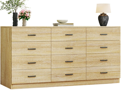 HUAHUU Dresser for Bedroom with 12 Drawers, 60'' Wide Mid Century Modern Dressers, Natural Wood Grain, Chests of Drawers TV Stand, Large Storage Organizer, Closet, Entryway, Natural HUAHUU
