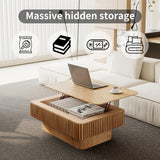 38.6" Square Lift Top Coffee Table, Modern Fluted Tea Table with Hidden Storage for Living Room, Apartment or Office, Natural Wood KIGFTSOD