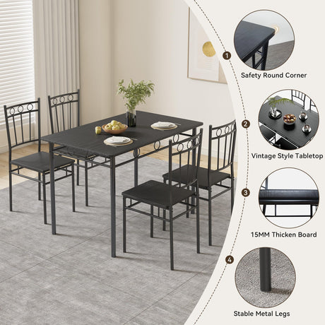 AMICLIBER Dining Table Set for 4, 5-Piece Kitchen Table and Chairs, Rectangular Dining Room Table Set with 4 Chairs, Space-Saving Kitchen Table Set for Small Space,Dinette,Apartment,Pure Black AMICLIBER