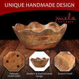 Mela Artisans Wooden Scalloped Bowl - Medium | Ruffle Decorative Style | Rustic Kitchen Decor | Mango Wood | Natural Grain Finish | Fits Bread, Fruits, Salad or Popcorn | 10” x 4” x 9” Mela Artisans