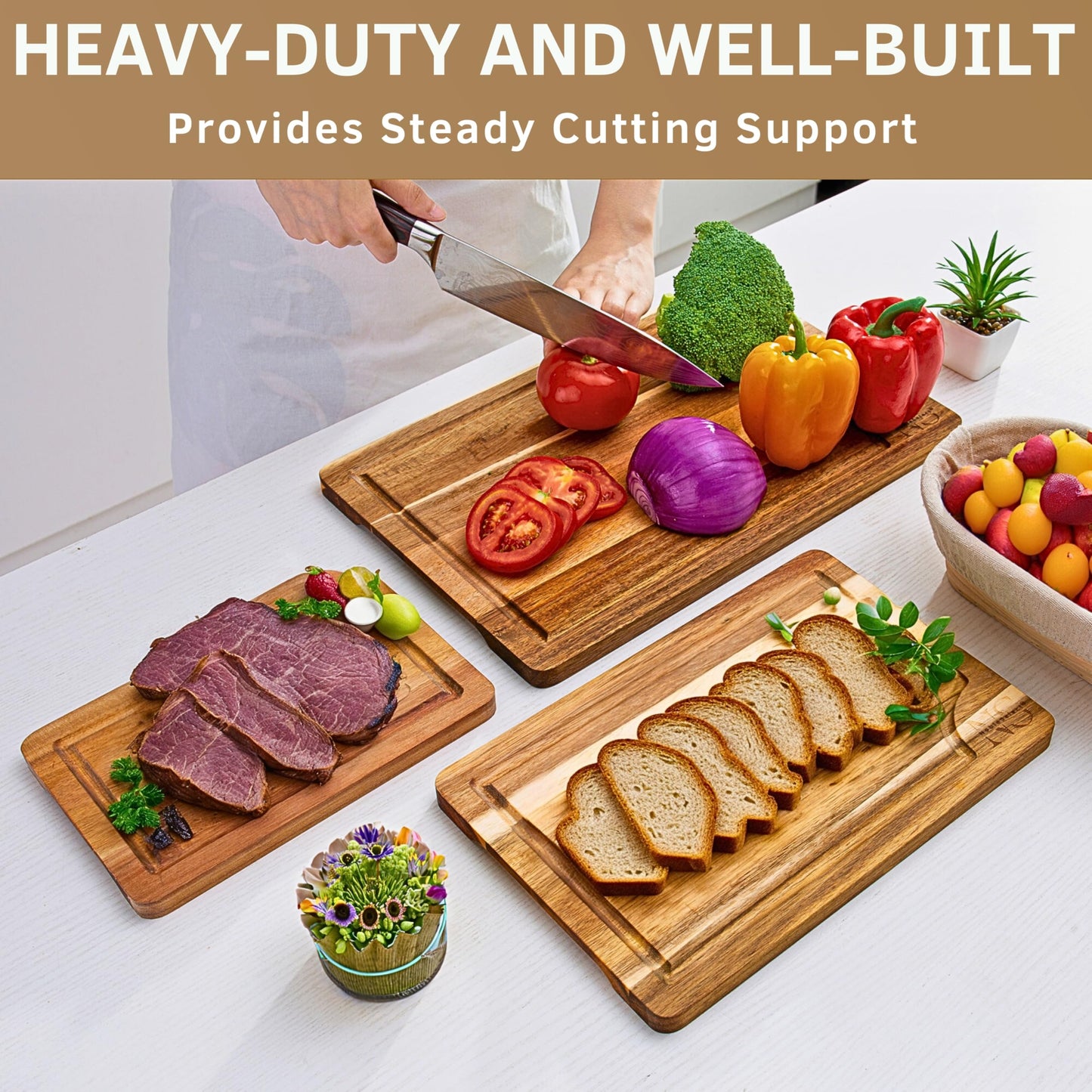 Acacia Wooden Cutting Boards for Kitchen (3 Pcs) - Acacia Wood Cutting Board Set with Deep Juice Groove and Handles, Chopping boards for kitchen, Meat, Vegetables and Cheese