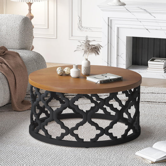 Usinso Farmhouse Round Coffee Table, Wood Grain Top Table with Curved Motif Frame Base, French Country End Table, Rustic for Living Room, Black - WoodArtSupply