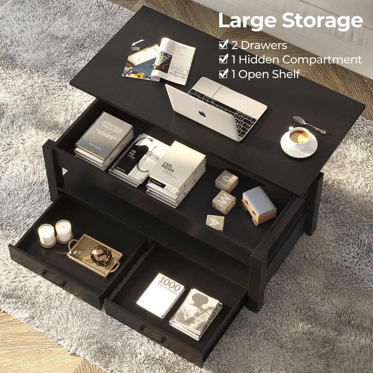 Rolanstar Coffee Table, Lift Top Coffee Table with Drawers and Hidden Compartment, Retro Central Table with Wooden Lift Tabletop, for Living Room, Black Rolanstar