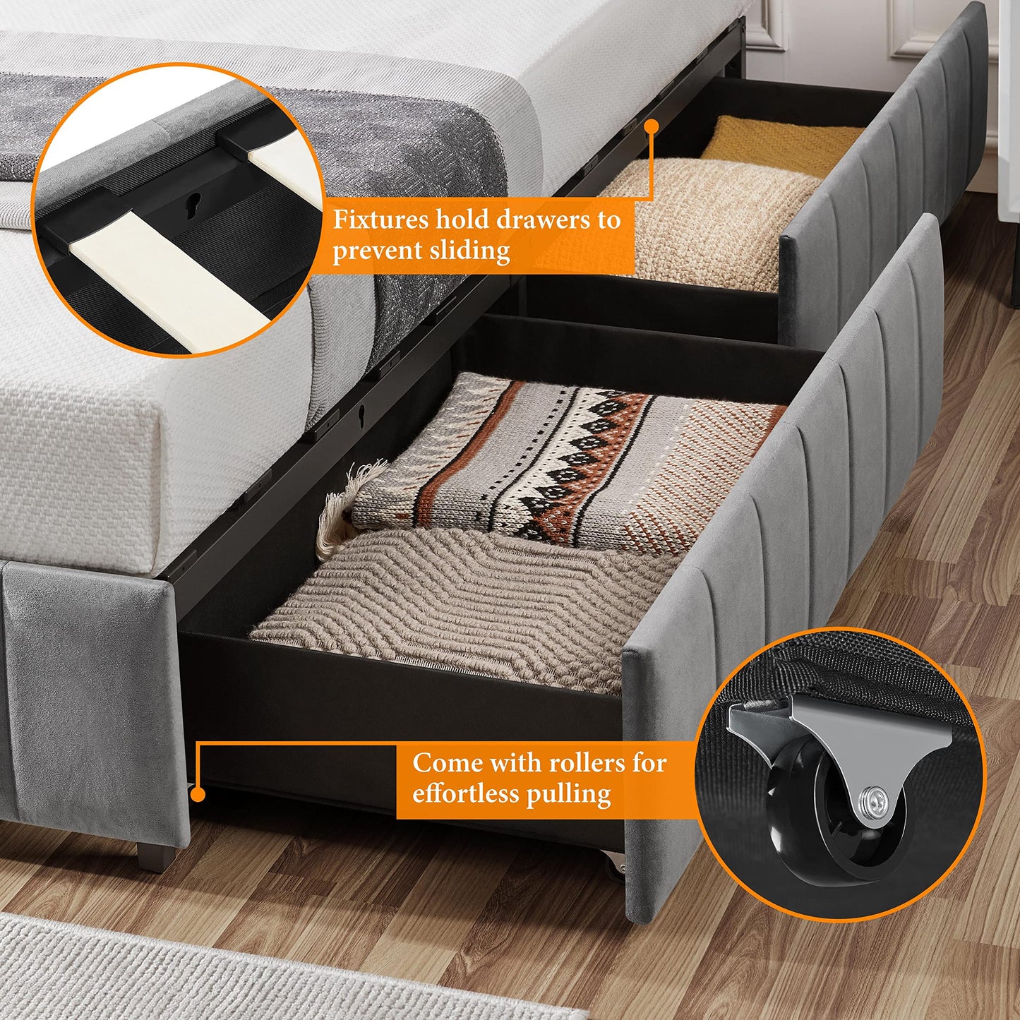 Yaheetech Dark Grey Upholstered Queen Bed with 4 Storage Drawers and No Fixed Headboard - WoodArtSupply