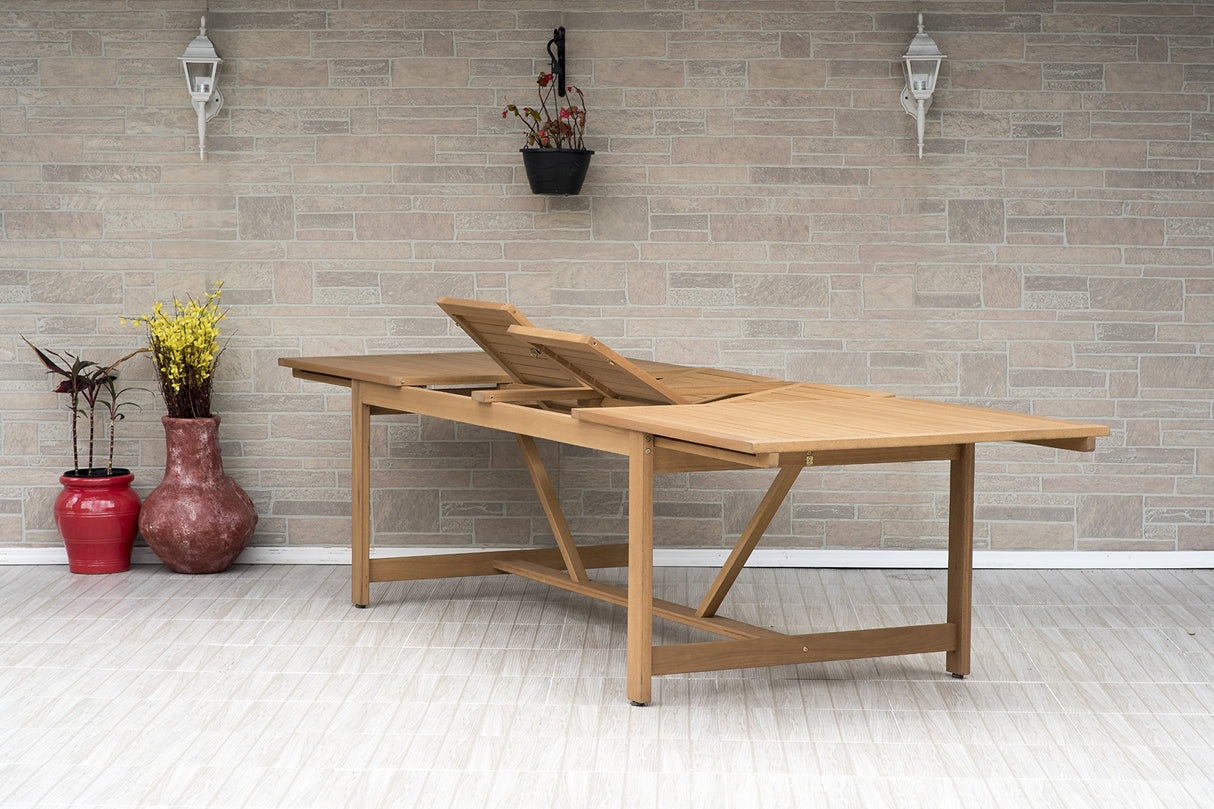 Brampton 9 Piece Outdoor Eucalyptus Extendable Dining Set | Perfect for Patio | White Chairs with Arms and Teak Finish Brampton Patio