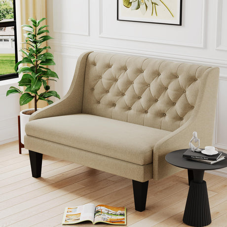 Tongli 50" Small Modern Loveseat Settee Sofa Linen Fabric 2-Seat Sofa Couch Tufted Love Seat Dining Bench with Back Upholstered Banquette Sofas for Living Room Bedroom Small Space Entryway Tan Tongli