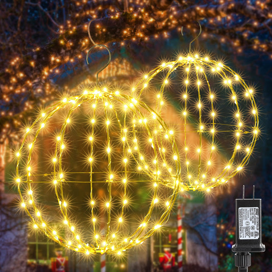 Christmas Outdoor Decorations Ball Lights 2PCS - 12 Inch Connectable Hanging Tree Globe 120 LED Fairy Lights with 8 Lighting Modes,Timing Function Waterproof Indoor Outdoor (Warm White, 2pcs)