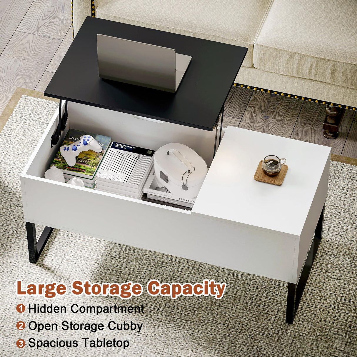 Koifuxii White Coffee Table with Black Lift Top - Modern Industrial Coffee Table with Lifting Top and Hide Compartment Storage - 40 Inch Rectangle Lift Coffee Tables for Living Room Koifuxii