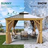 YITAHOME 10x10ft Hardtop Gazebo with Nettings and Curtains, Wood Grain Heavy Duty Double Roof Galvanized Steel Outdoor Combined of Vertical Stripes Roof for Patio, Backyard, Deck, Lawns, Brown YITAHOME